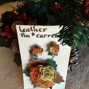 Unique Leather Floral Brooch and Clip Earrings